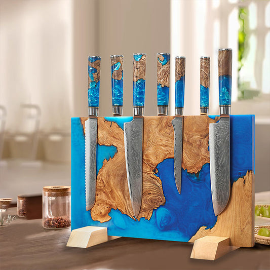 MARINE EXTRA LARGE MAGNETIC KNIFE HOLDER — A BLEND OF BLUE RESIN AND NATURAL WOOD — HOLDS 16 KNIVES