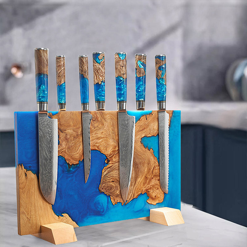 MARINE EXTRA LARGE MAGNETIC KNIFE HOLDER — A BLEND OF BLUE RESIN AND NATURAL WOOD — HOLDS 16 KNIVES