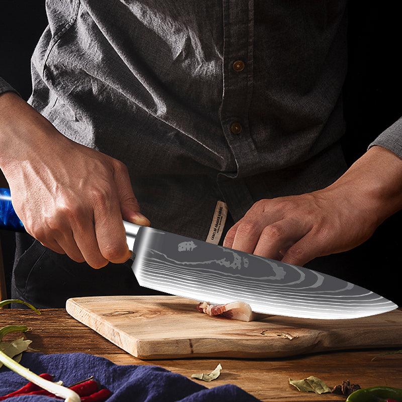 Cerulean Collection - Japanese Kitchen Knife Set with Blue Resin Handle &  Damascus Blade Pattern