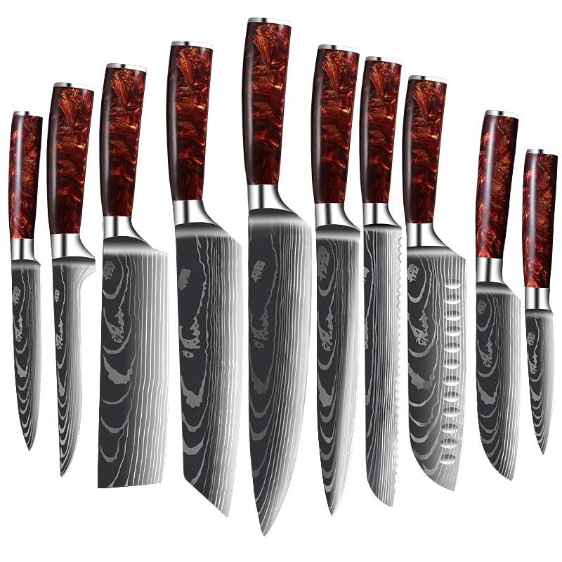 "Crimson" collection - premium damascus pattern japanese kitchen knife set - Tezhu