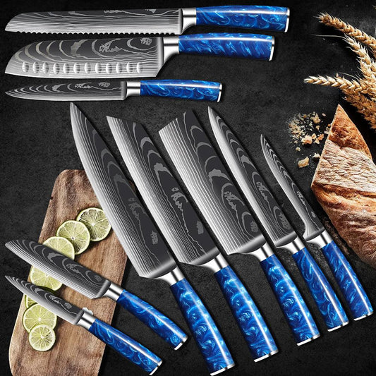 japanese kitchen knife set with blue resin handle and damascus blade pattern - Tezhu