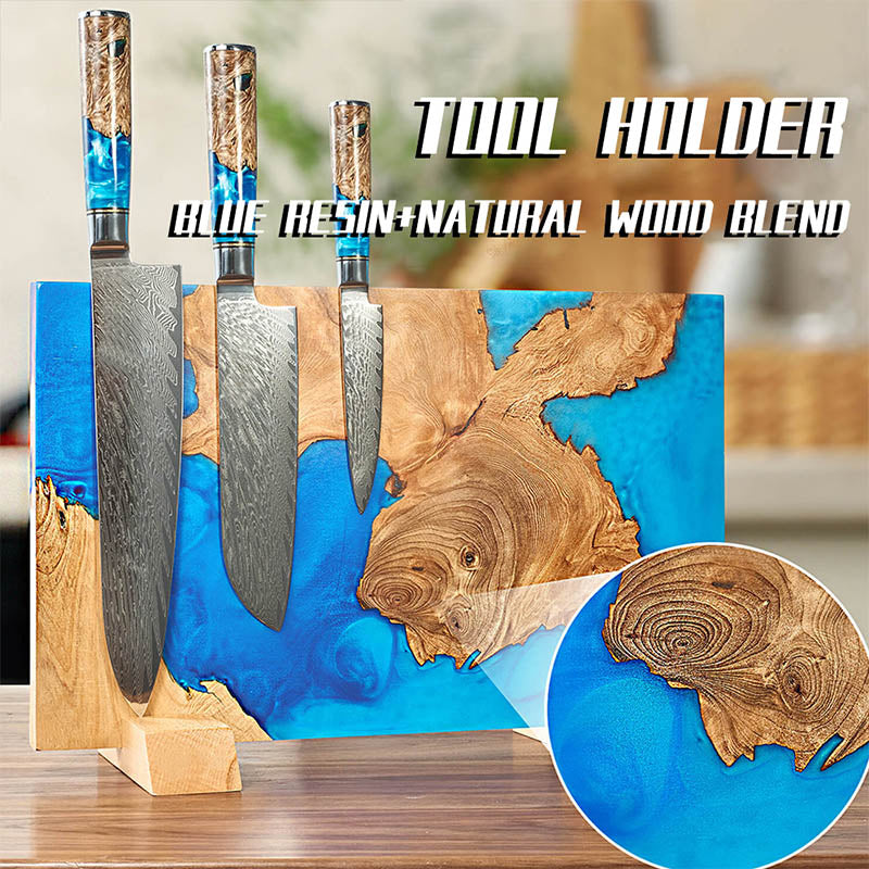 MARINE EXTRA LARGE MAGNETIC KNIFE HOLDER — A BLEND OF BLUE RESIN AND NATURAL WOOD — HOLDS 16 KNIVES