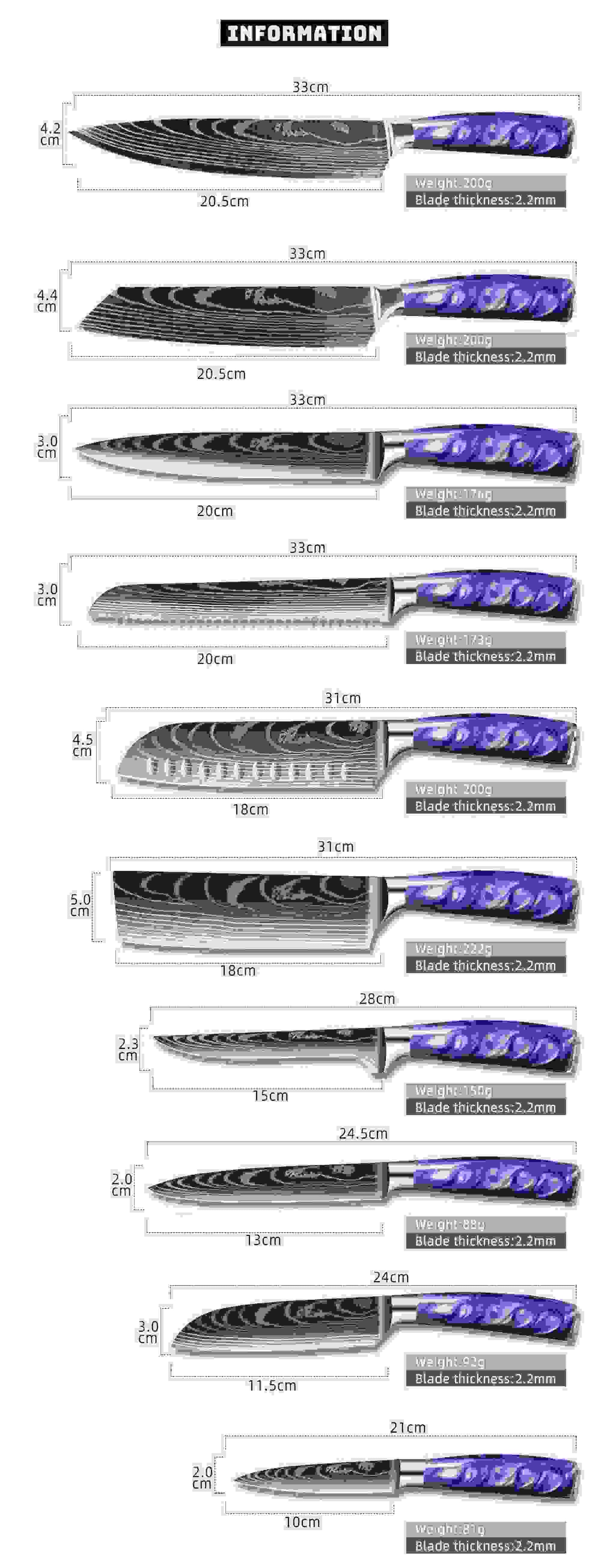 Chef Knife Set 1-10PCS New Purple Resin Handle Stainless Steel Damascus  Pattern Kitchen Non-Stick