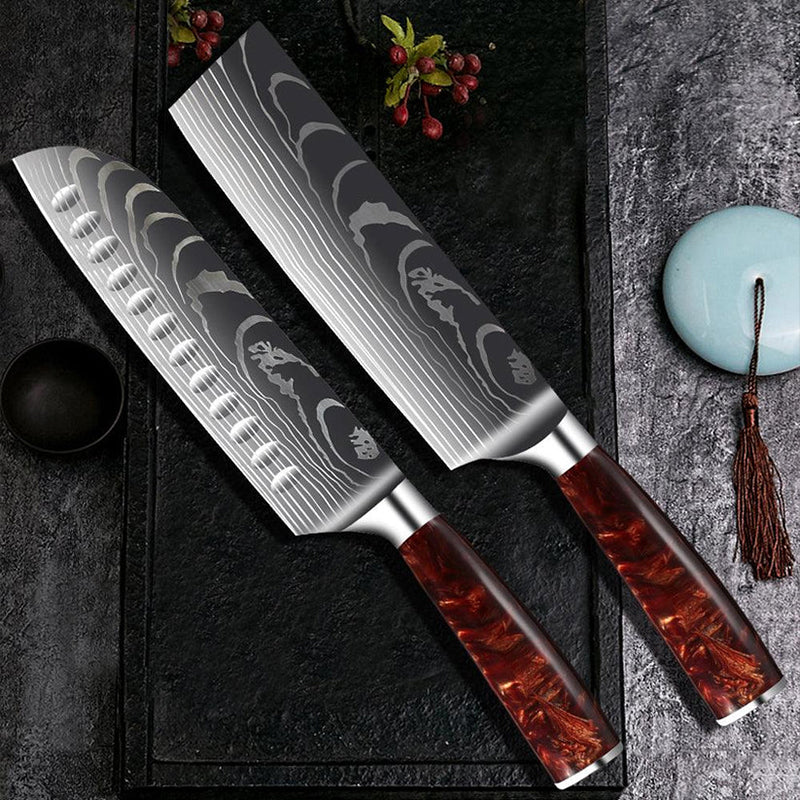 Japanese 5 PC Damascus Kitchen Knife Set with Full Tang Carbon Fiber Handle  – SEIKO KNIVES
