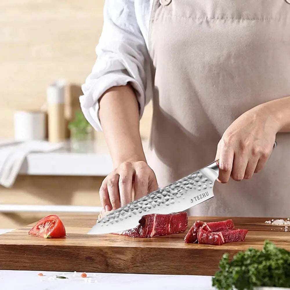 Ergonomic chef knife with a comfortable grip for easy handling.