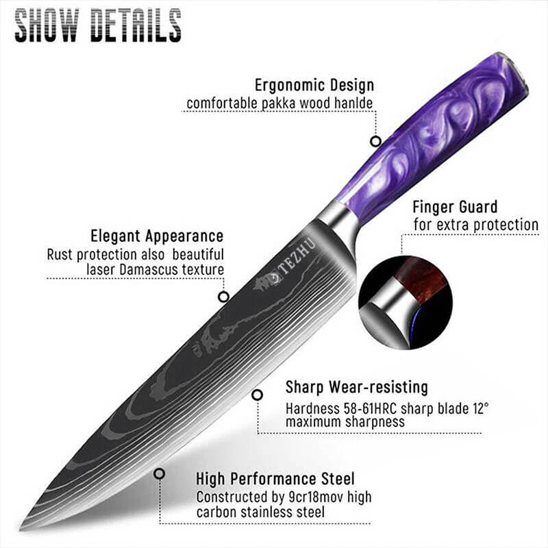 the detail of purple chef knife.