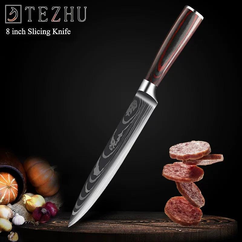 8 inch damascus pattern stainless steel kitchen knife set with