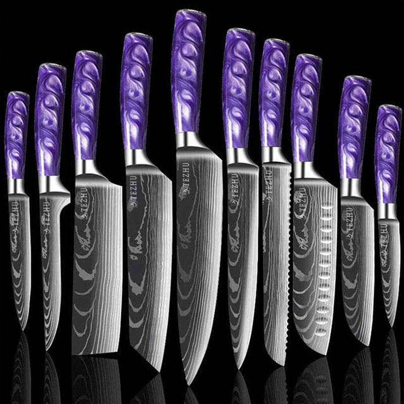 Multifunctional purple kitchen knife set.